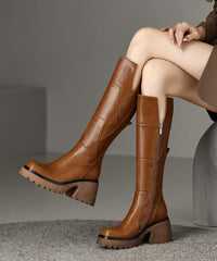 Brown Boots Chunky Cowhide Leather Splicing Zippered