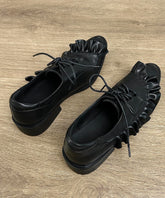Black Lace Up Cowhide Leather Ruffled Splicing Flat Shoes