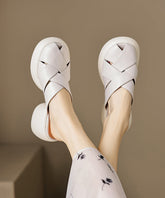 French Splicing Platform White Cowhide Leather Slide Sandals