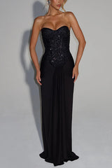 Carina Sequined and Satin Jersey Off Shoulder Ruched Knot Drape Maxi Dress