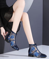 Blue Hollow Out Breathable Mesh Splicing Ankle Boots