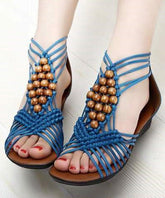 Boho Blue Wedge Genuine Leather Cross Beaded Strap Sandals