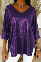 Solid Color Loose V-neck Shiny Casual Top