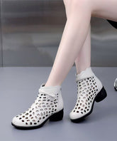 Women Splicing Chunky Boots White Faux Leather Hollow Out