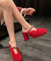 Red Slippers Shoes Chunky Splicing Fuzzy Fur Zircon