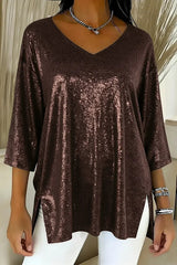 Solid Color Loose V-neck Shiny Casual Top