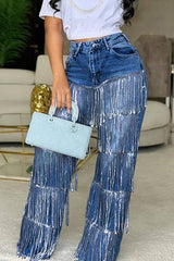 High-waisted Pocket Tassel Casual Straight Leg Jeans