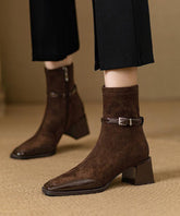 Brown Zippered Chunky Suede Elegant Splicing Boots