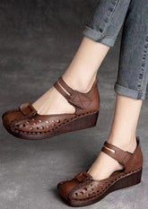Retro Hollow Out Splicing Wedge Sandals Brown Cowhide Leather
