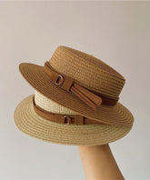French Khaki Straw Woven Flat Top Sun Cloche Hat