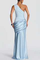 One-shoulder Sleeveless Satin Draped Slim-fit Maxi Dress