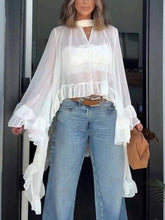 Flowy See-through Ruffle Tie-up Neck Bell Sleeve High-low Hem Cape Shirt