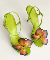 Green High Heels Cowhide Leather Sandals Splicing Butterfly