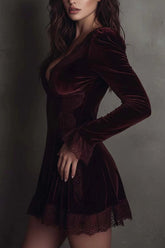 Velvet and Lace Patchwork Long-sleeved V-neck Slim-fit Mini Dress