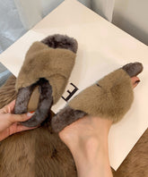 Splicing Platform Slippers Shoes Khaki Fuzzy Fur
