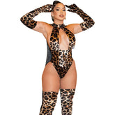 2025 Explosion Models Lingerie Leopard Print Jumpsuit Hollow Jumpsuit Stockings Gloves Erotic three-piece Set