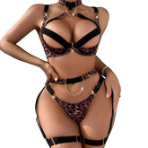 2025 Metal Chain Wild Leopard Pattern Hollow Cross Heavy Craftsmanship Body Shaping Underwear Five Piece Set