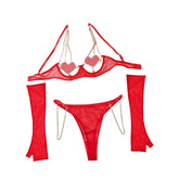 2025 Red See-through Mesh Hollowed Out Heart Patch Metal Chain Bra Set Lingerie Panties three-piece Set