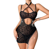 2025 perspective hollow out tassel hanging chain leopard print cross exposed back slim fit dress two-piece set