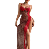 2026 Pure Desire Leopard Pattern Splicing Perspective Lace High Split Slippers Sleeping Skirt and thong Set