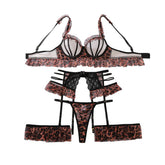 2026 Leopard Pattern Spicy Girl Thin Splicing Lace Lace Mesh Transparent Hollow Body Shaping Four Piece Set