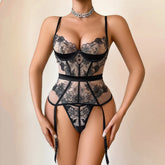 2026 high-quality full width embroidery perspective splicing body shaping steel ring gathering two-piece set
