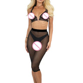 2026 low cut V-neck metal buckle product temperament perspective sheer shaping lingerie long skirt three piece set