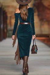 Slant Collar Long Sleeve Slim Fit Tassel Midi Dress