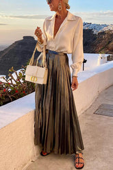 Metallic Pleated Back Elastic Waist Maxi Skirt