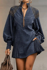 Suede V-neck Long-sleeved Tassel Loose Mini Dress