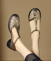 Unique Tulle Splicing Chunky Sandals Coffee Cowhide Leather