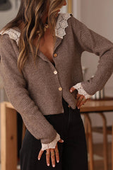 Lace-trimmed Sailor Collar Casual Knit Cardigan