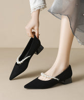 Black Chunky Shoes Suede Classy Pearl Splicing Pointed Toe