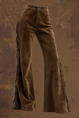 Suede High-waisted Fringed Casual Flared Pants
