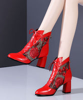 Red Lace Up Cowhide Leather Hollow Out Chunky Boots