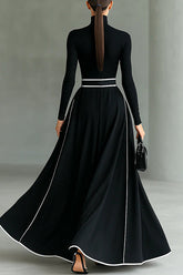 Color-blocked Trim High-neck Long-sleeved Casual Pockets Maxi Dress