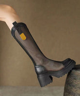 Breathable Tulle Splicing Chunky Boots Black Cowhide Leather