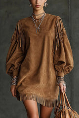 Solid Color Suede Loose Round Neck Lantern Sleeve Tassel Mini Dress