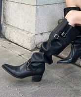 New Splicing Buckle Chunky Boots Black Faux Leather