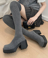Grey Knit Fabric Chic Splicing Chunky Heel Knee Boots