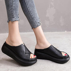Sewing Platform Casual Leather Slippers
