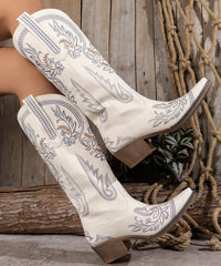 White Embossed Faux Leather Pointed Toe Chunky Thigh Boots