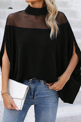 Mesh-paneled Batwing Sleeve High-neck Loose Top