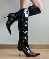 Stiletto Boots Long Black Patent Leather