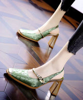 Retro Green Print Faux Leather Splicing Chunky Heel Sandals