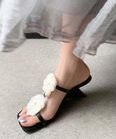 Black Cowhide Leather Splicing Wedge Heel Slide Sandals Floral Peep Toe