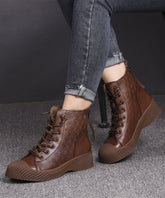 Brown Cowhide Leather Embossed Splicing Lace Up Boots