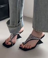 Stylish Splicing Zircon Wedge Thong Sandals Black Suede