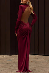 Backless High-neck Long-sleeved Fitted Draped Maxi Dress