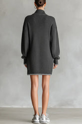 Loose-fitting Long-sleeved Collared Zip-up Casual Knitted Mini Dress